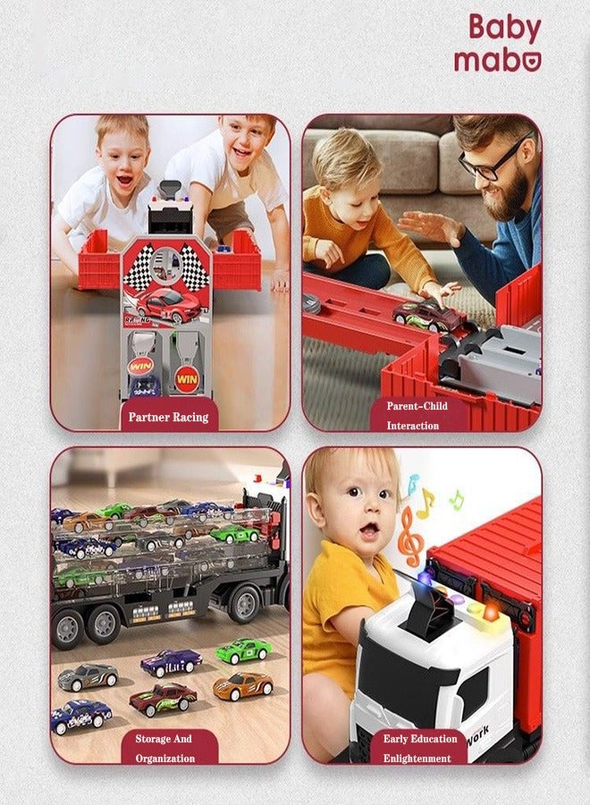 Race Car Track Toy Truck Toy with Slots & Foldable Race Tracks Transport Car Carrier Toy for Toddlers Cars Toy Set Container Truck Toy with 8 Alloy Cars Vehicles Toy Set for 3+ Kids Boys Girls