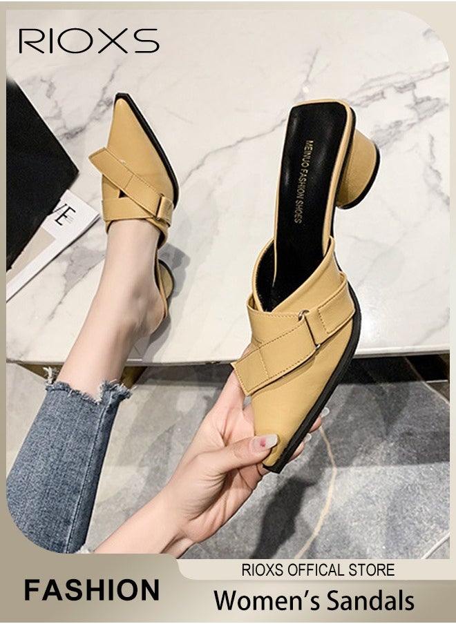 Women's Mules Closed Pointed Toe Strapless Backless Sandals Fashion Chunky Heel Sandals For Work And Party