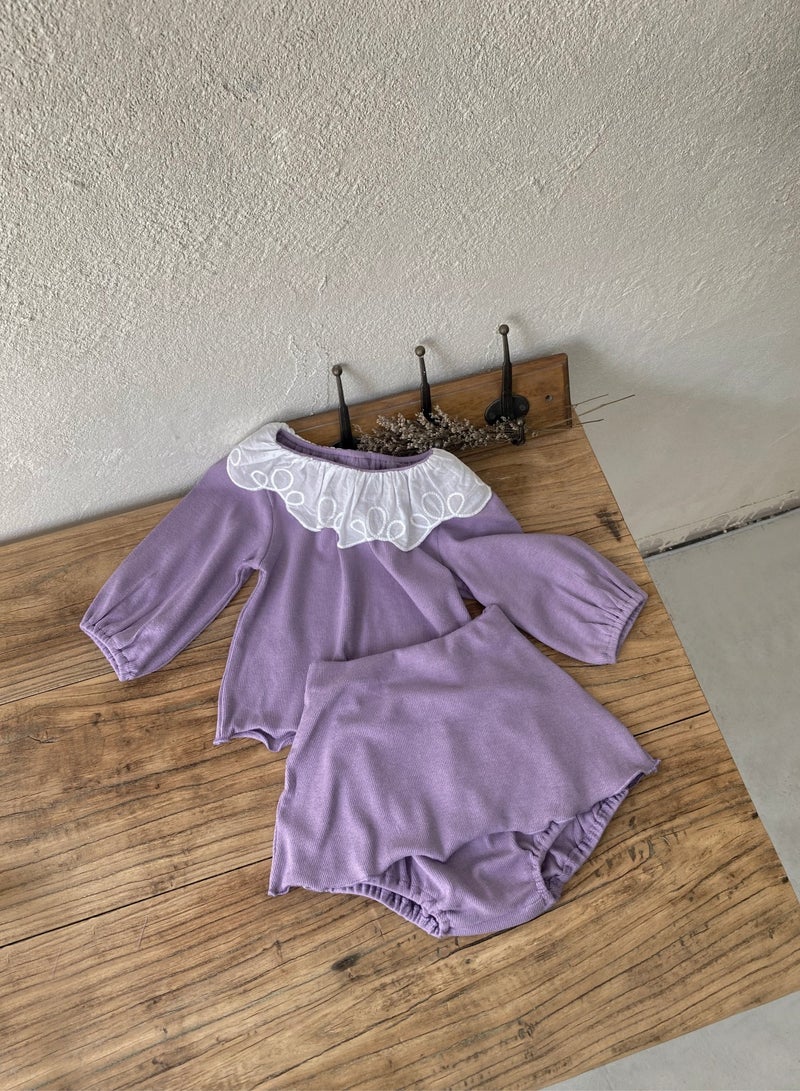 Baby Girl Lace Neck Long Sleeve T-shirt + Skirt Shorts Two-piece Set