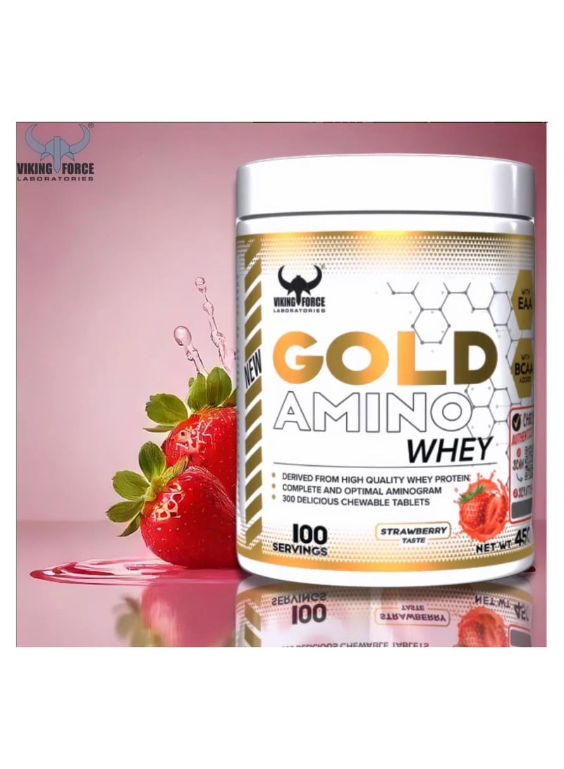 Viking Gold Whey - 300 Chewable Tablets, Strawberry Flavor, 450g Complete Amino Acid Profile Whey Protein Muscle Recovery And Growth Support