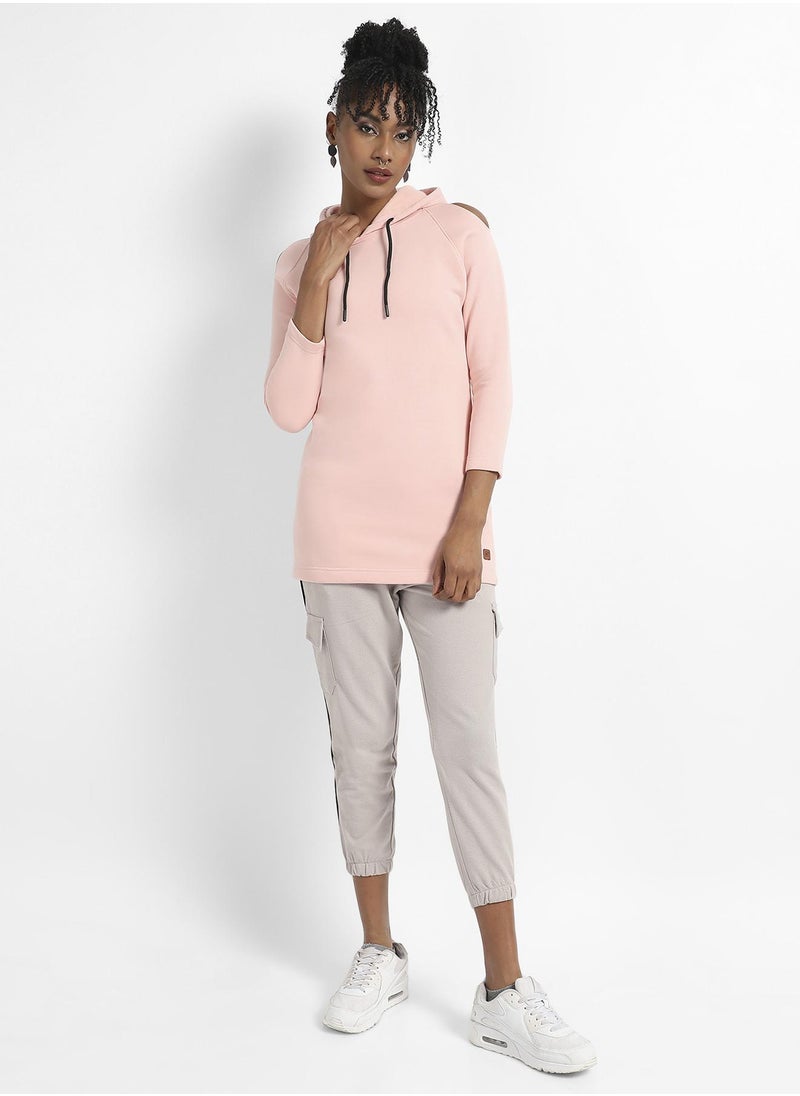 Women's Baby Pink Hoodie Dress With Cold-Shoulder