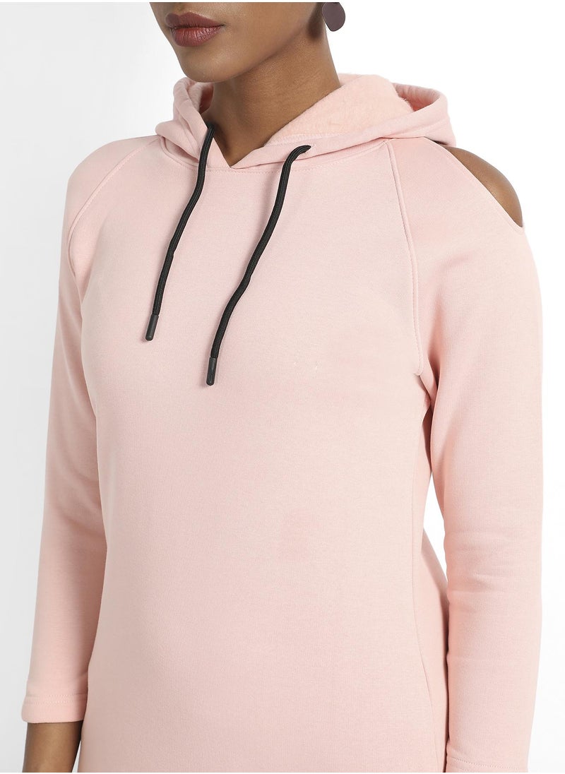 Women's Baby Pink Hoodie Dress With Cold-Shoulder