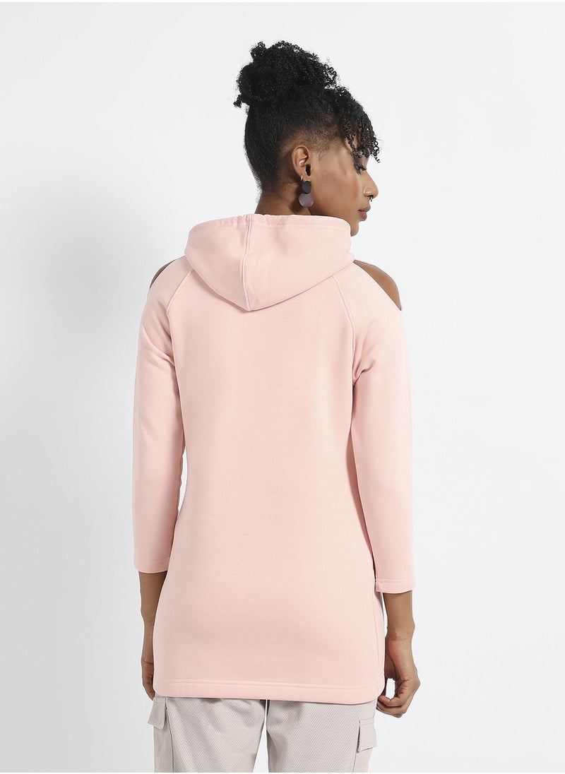 Women's Baby Pink Hoodie Dress With Cold-Shoulder