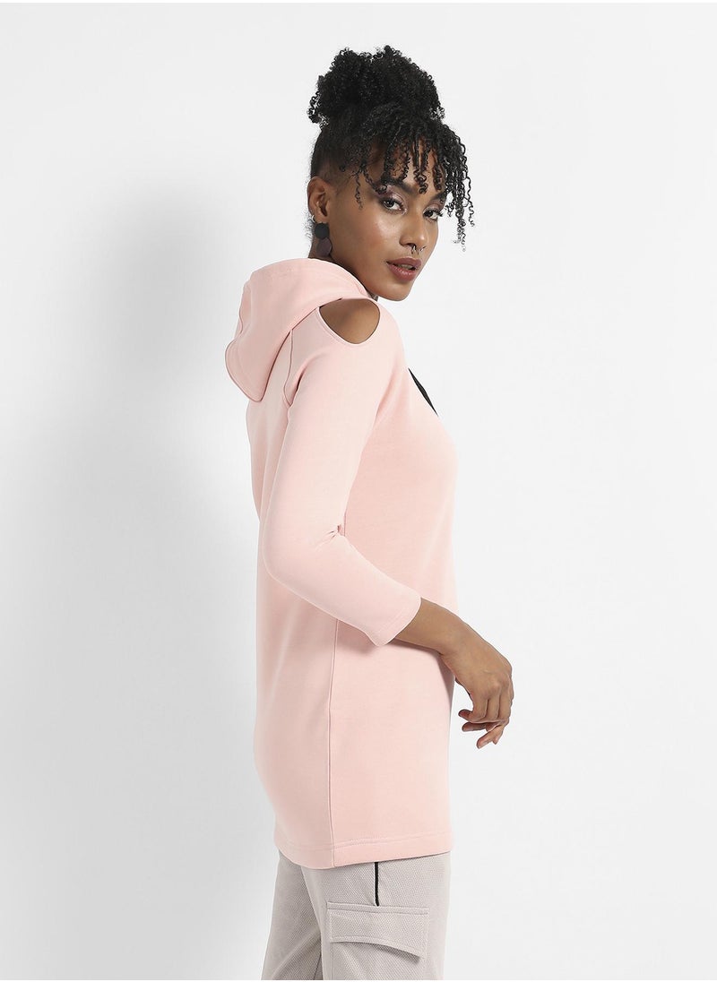 Women's Baby Pink Hoodie Dress With Cold-Shoulder