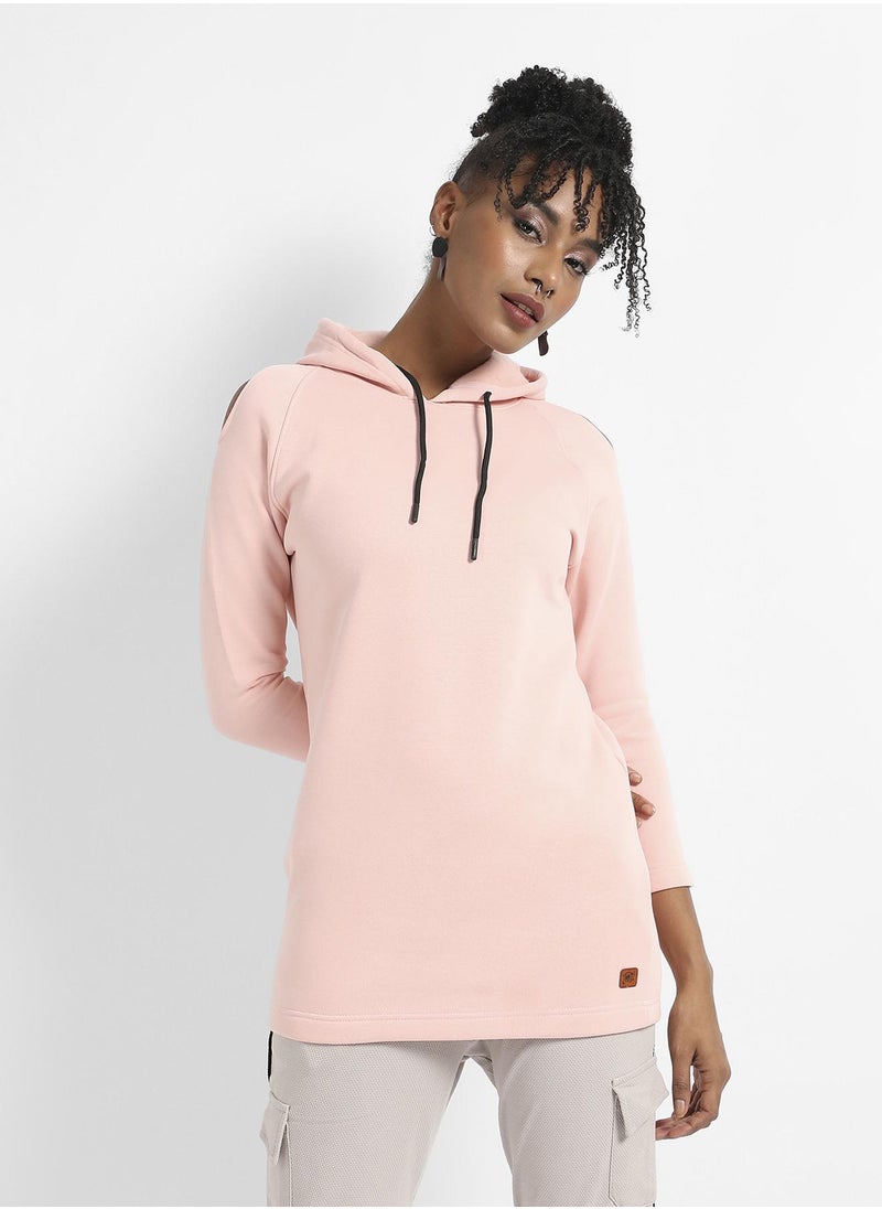 Women's Baby Pink Hoodie Dress With Cold-Shoulder