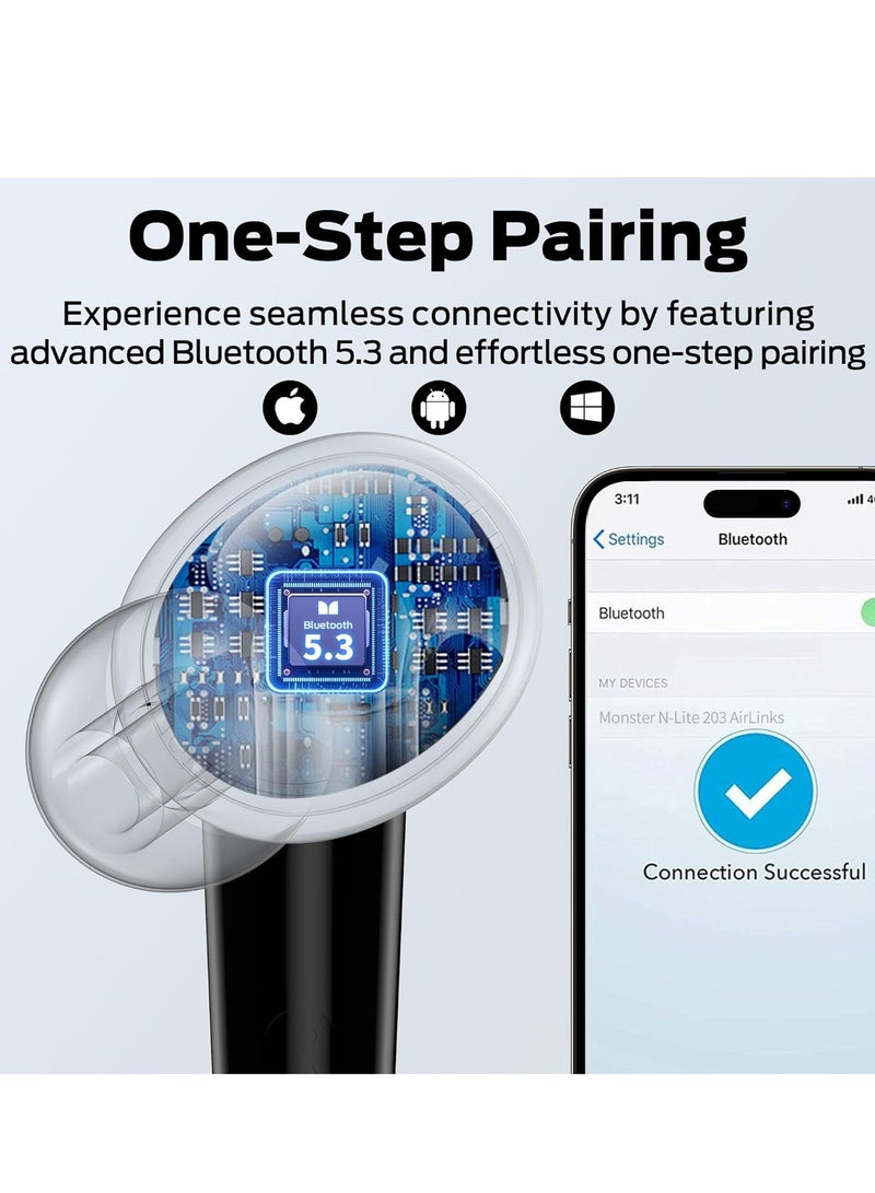 N-Lite 203 AirLinks Wireless Earbuds, Bluetooth 5.3 Headphones with HiFi Stereo, Crystal Clear Call, 30H Playback, Type-C Charging, Touch Control, IPX6 Waterproof in-Ear Earbuds Earphones