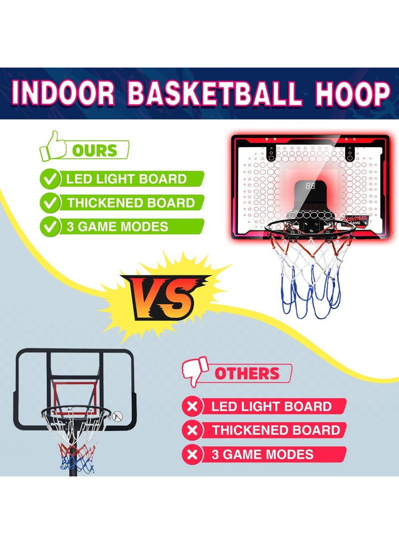 Indoor Basketball Hoop for Kids, Indoor Over The Door Mini Hoops, Mini Basketball Hoop with 4 Balls&Electronic Scoreboard LED Light Mini Hoop with Electronic Scoreboard,5-12+ Year Old Boys