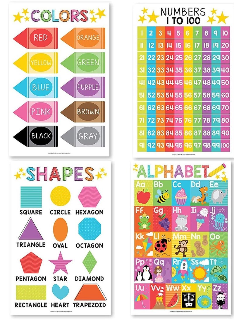 Educational Preschool Poster for Toddler and Kid 4 Pcs, Alphabet Numbers Colors Shapes, Classroom Learning Alphabet Poster, Nursery Homeschool Kindergarten, Laminated Educational Supplies 11x17inch