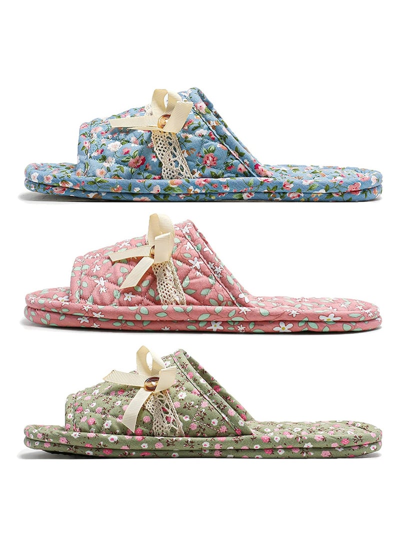 3 Pairs Floral Cotton House Slippers for Women, Open Toe Indoor Slippers Comfortable Washable Portable Foldable Guest Travel Hotel Airplane Spa Slippers