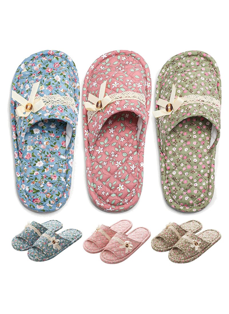 3 Pairs Floral Cotton House Slippers for Women, Open Toe Indoor Slippers Comfortable Washable Portable Foldable Guest Travel Hotel Airplane Spa Slippers