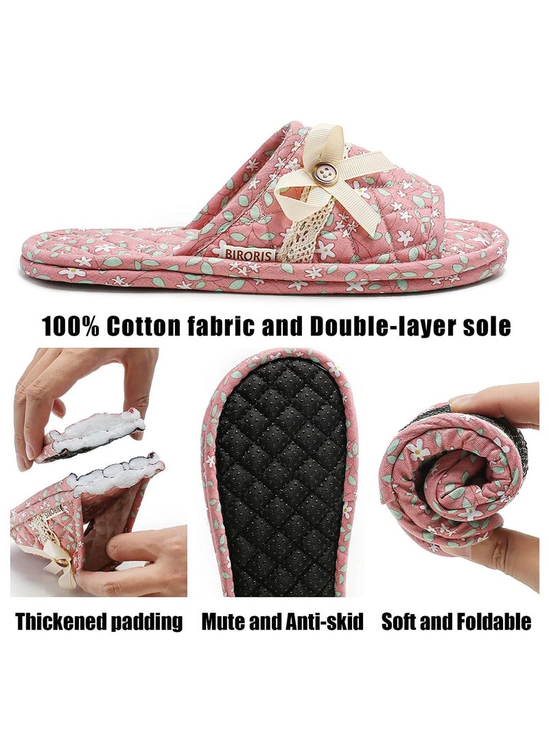 3 Pairs Floral Cotton House Slippers for Women, Open Toe Indoor Slippers Comfortable Washable Portable Foldable Guest Travel Hotel Airplane Spa Slippers