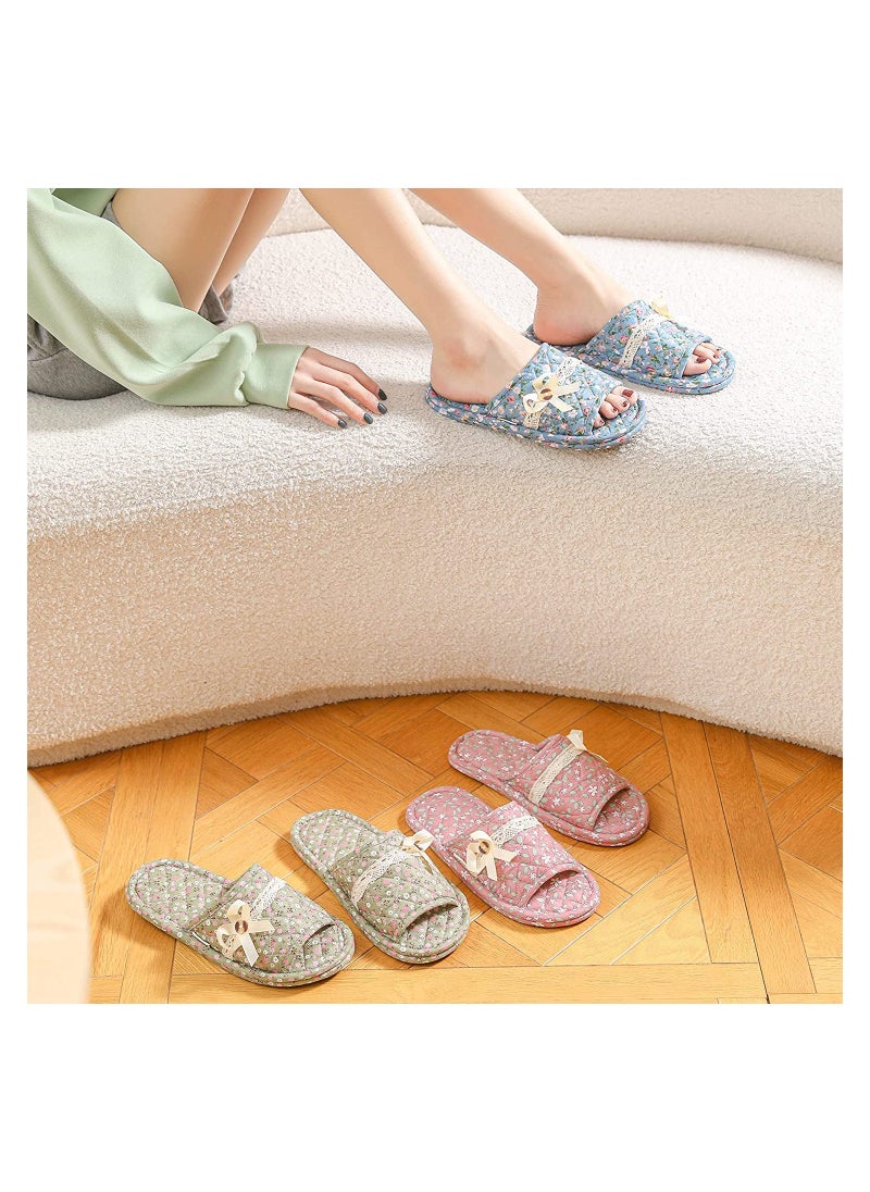 3 Pairs Floral Cotton House Slippers for Women, Open Toe Indoor Slippers Comfortable Washable Portable Foldable Guest Travel Hotel Airplane Spa Slippers