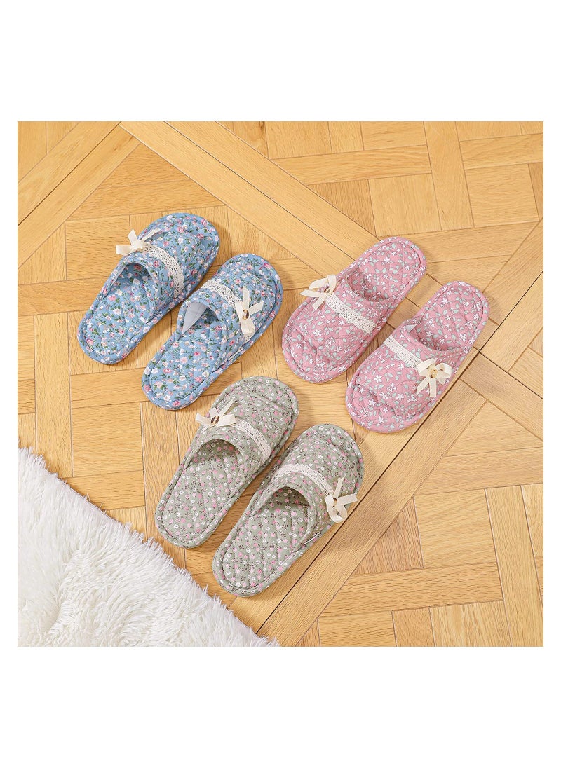 3 Pairs Floral Cotton House Slippers for Women, Open Toe Indoor Slippers Comfortable Washable Portable Foldable Guest Travel Hotel Airplane Spa Slippers