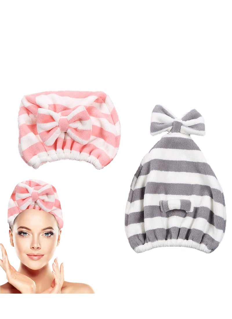 Microfiber Hair Towel Cap 2 Pack Rapid Drying Towel For Hair for Wet Hair, Hair Care Accessory, Ultra Soft Super Absorbent Hair Drying Towel Turban Gray and Pink Bow Hair Towel Wrap