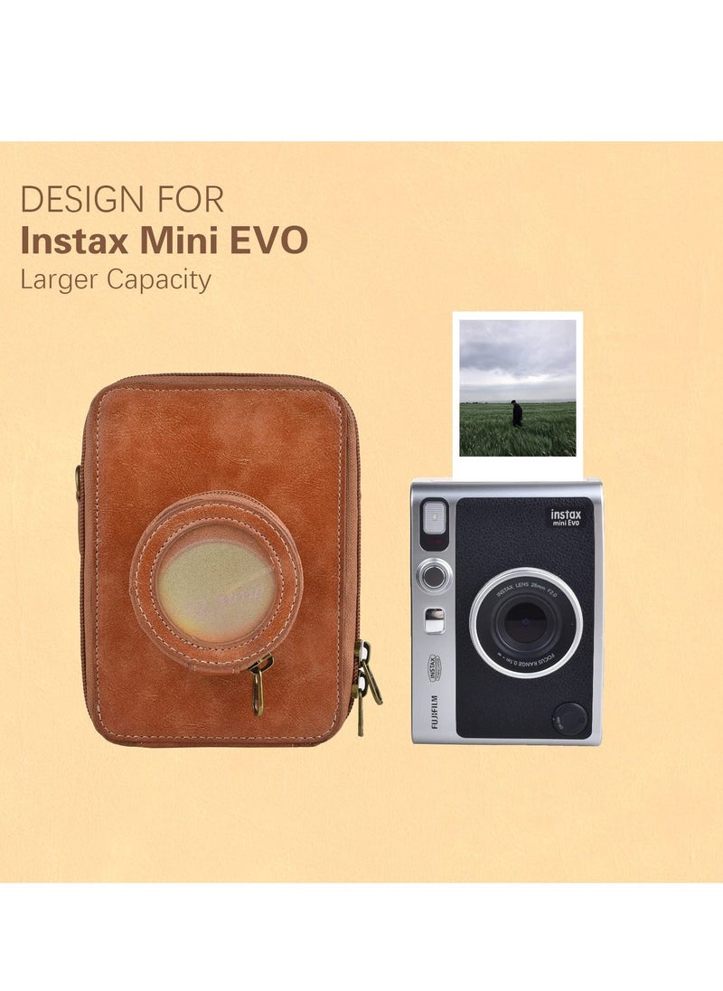 Protective Case for Fujifilm Instax Mini EVO Camera Case, Retro PU Leather Protective Case for Mini EVO Instant Camera, High Capacity Cover with Removable Shoulder Strap, Vintage Brown