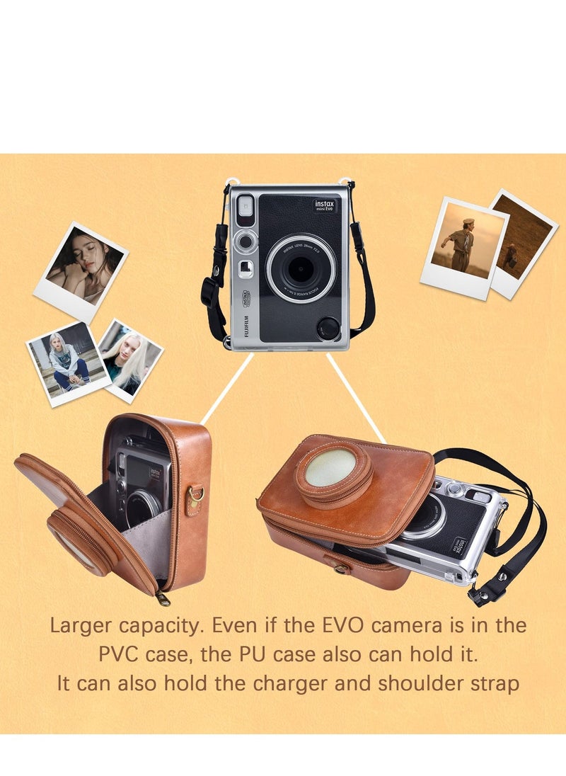 Protective Case for Fujifilm Instax Mini EVO Camera Case, Retro PU Leather Protective Case for Mini EVO Instant Camera, High Capacity Cover with Removable Shoulder Strap, Vintage Brown