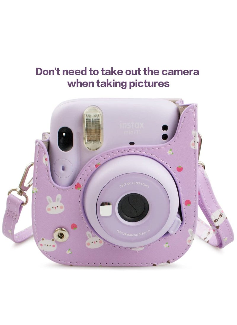 PU Leather Mini 11 Cover, Mini 11/Mini 9/Mini 8/Mini 8+ PU Face Vintage Camera Bag Cover Camera Bag with Adjustable Shoulder Strap (Purple Rabbit)