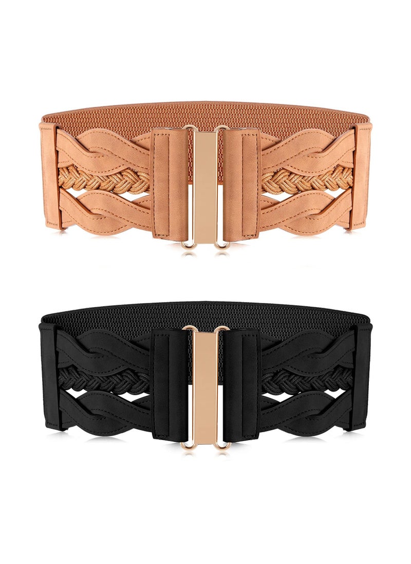 2 Pieces Women's Waist Belt Wide Elastic Retro Belt Stretchy Wide Waist Belt Cinch Retro Buckle Belt