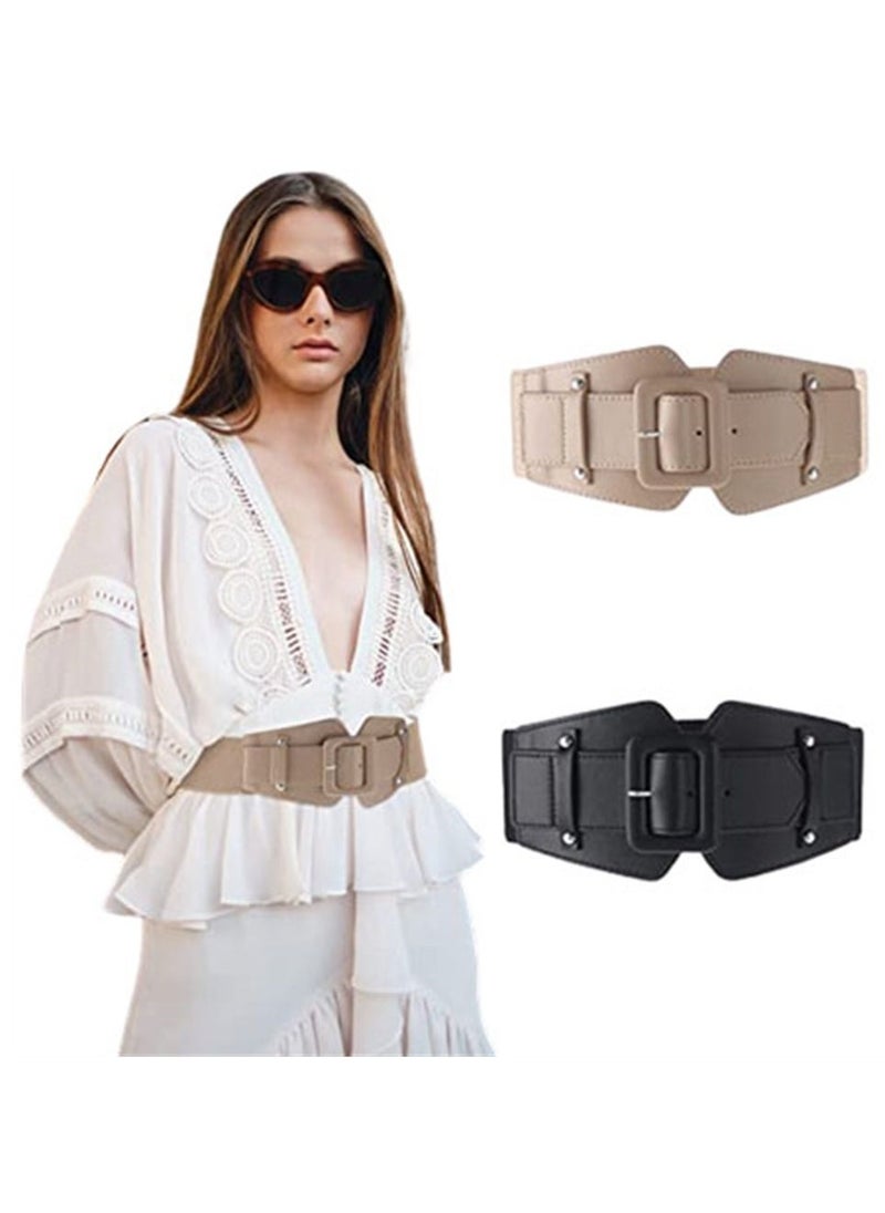 Women's Elastic Vintage Belt, Stretchy Retro Wide Waist Cinch Belt, Corset Belt Retro Chunky Buckle Belts Fashion Wide Waist Belt Waistband for Dresses Coats (2 Pieces)