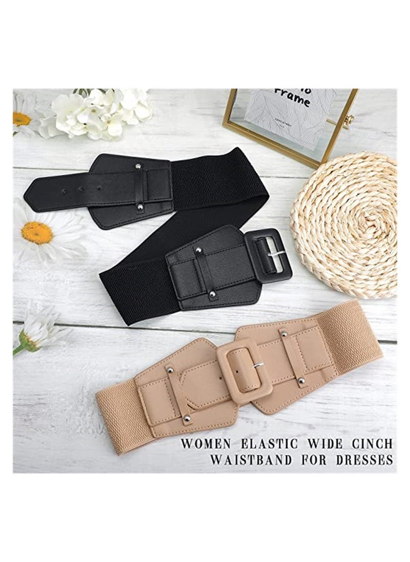 Women's Elastic Vintage Belt, Stretchy Retro Wide Waist Cinch Belt, Corset Belt Retro Chunky Buckle Belts Fashion Wide Waist Belt Waistband for Dresses Coats (2 Pieces)