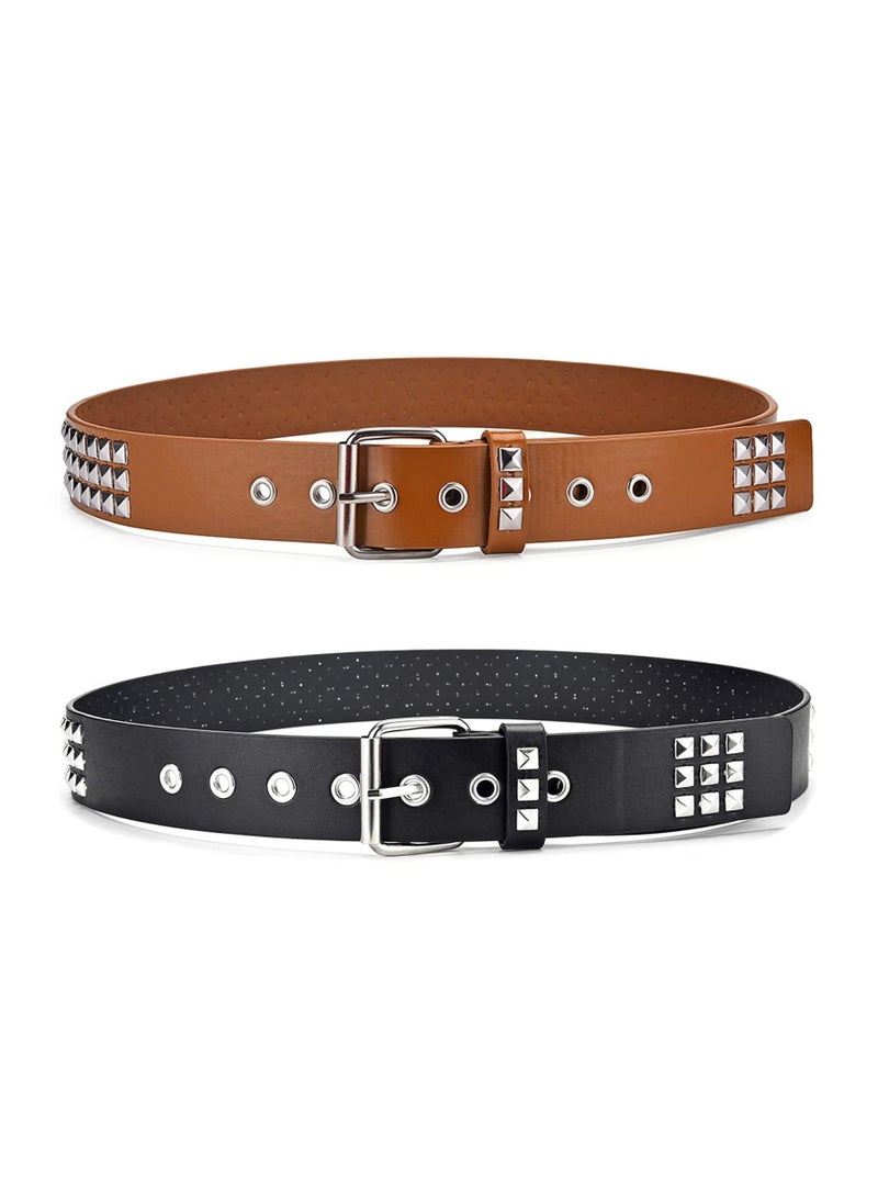 2 Pcs Rivet Studded Punk Belt Unisex Pyramid Metal Belt Classic Leather Belt Black Studded Belt Leather Vintage Punk Rock Grommet Belt for Women Men Jeans Belt Clothing Accessories 2 Colors