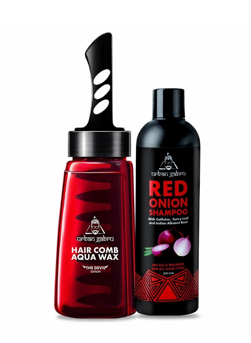 Urbangabru Hair Comb Aqua Wax (260 ML) & Natural Red Onion Shampoo (200 GM) - Mens Grooming Combo Kit