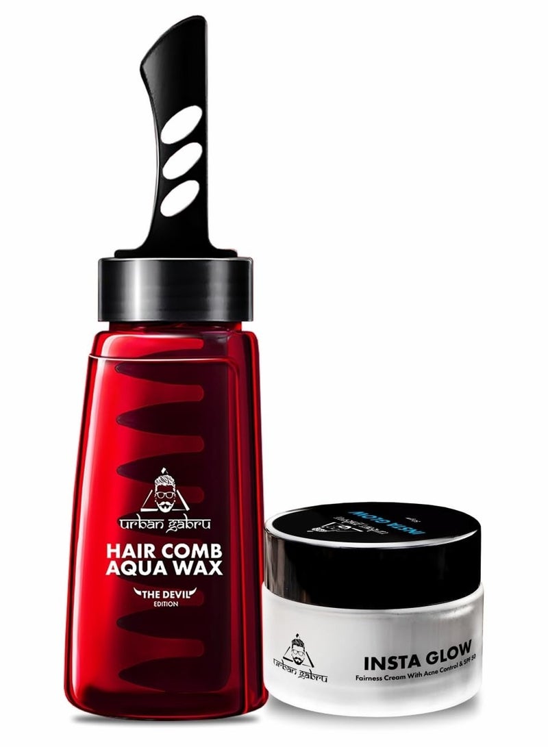 Urbangabru Hair Comb Aqua Wax - The Devil Edition - 260 ML & Insta Glow Face Cream 50 GM - Men's Grooming Combo Kit