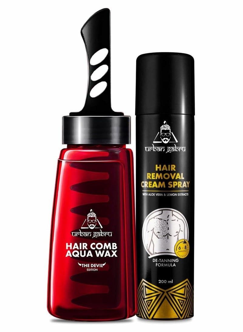 Urbangabru Hair Comb Aqua Wax - The Devil Edition - 260 ML & Hair Removal Cream Spray - Lemon Extract - 200 ML - Men's Grooming Combo Kit