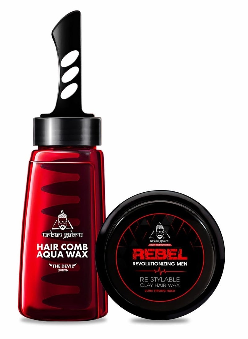 Urbangabru Hair Comb Aqua Wax (260 ML) & Rebel Hair Styling Clay Wax for Strong Hold (85 GM) - Mens Grooming Combo Kit