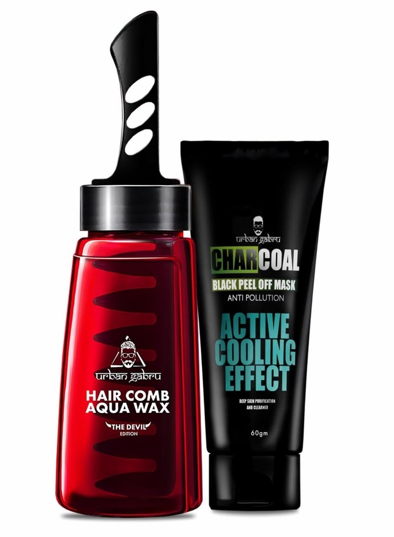 Urbangabru Hair Comb Aqua Wax - The Devil Edition - 260 ML & Peel Off Mask 60 GM - Men's Grooming Combo Kit