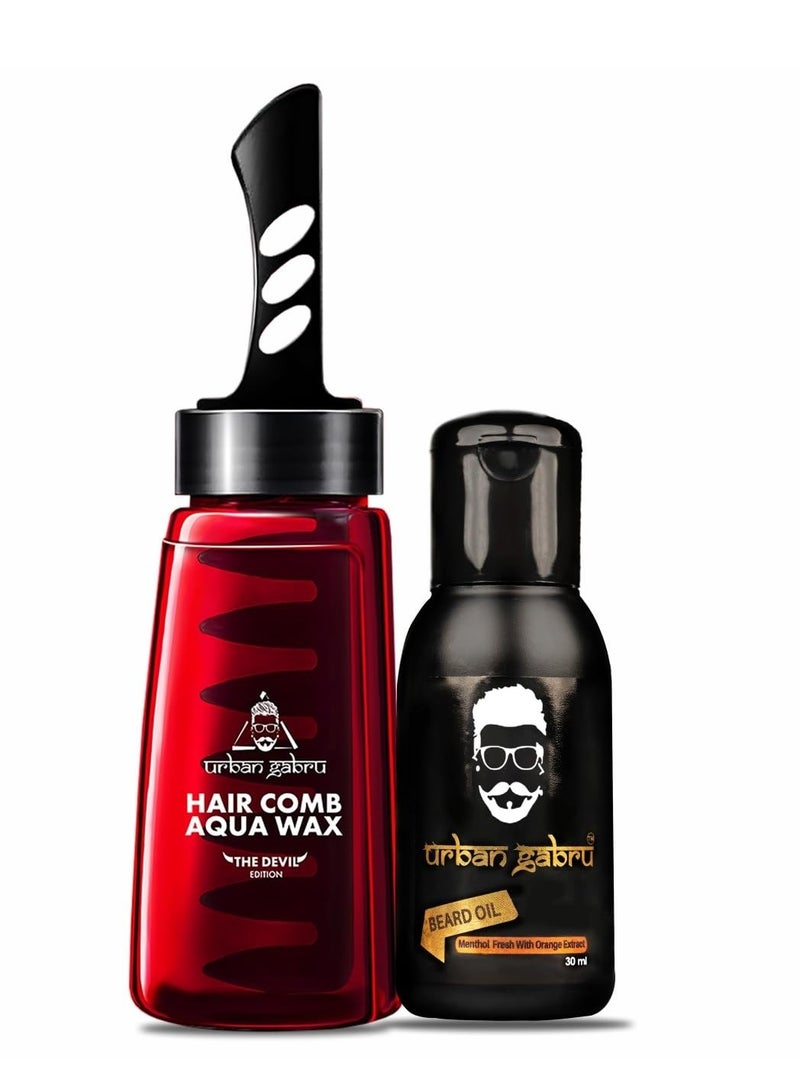 Urbangabru Hair Comb Aqua Wax - The Devil Edition - 260 ML & Beard Oil 30 ML - Men's Grooming Combo Kit