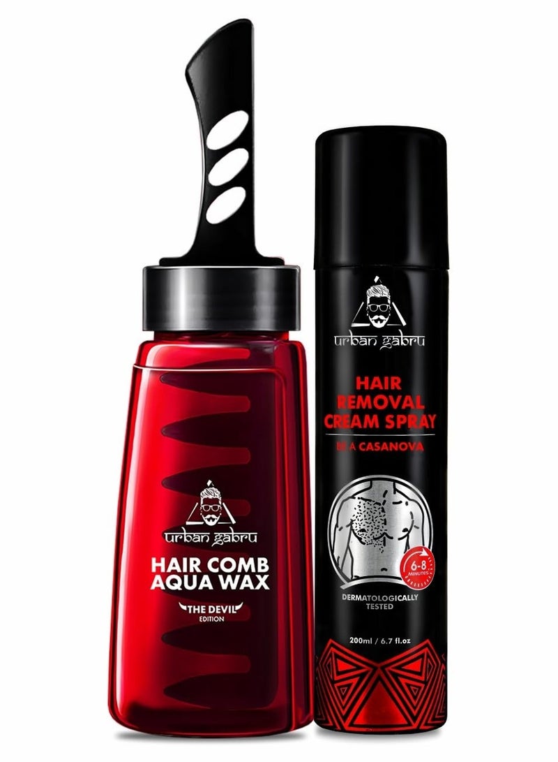 Urbangabru Hair Comb Aqua Wax - The Devil Edition - 260 ML & Hair Removal Cream Spray - Casanova - 200 ML - Men's Grooming Combo Kit