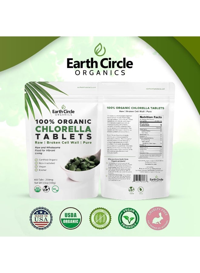 Earth Circle Organics Premium Chlorella Tablets | Kosher | Highest Potency, Pure Chlorella Algae raw superfood, Broken Cell Wall | High in Protein, no additives - 400 Tablets. (1 Pack)