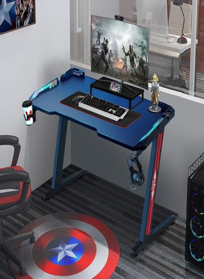 Gaming Desk,Ergonomic Computer and Gaming Table Z Shaped for Pc, Workstation, Home, Office with LED Lights Carbon Fiber Surface,Cup Holder and Headphone Hook,120×60×75cm