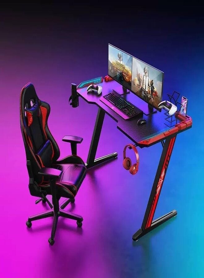 Gaming Desk,Ergonomic Computer and Gaming Table Z Shaped for Pc, Workstation, Home, Office with LED Lights Carbon Fiber Surface,Cup Holder and Headphone Hook,120×60×75cm