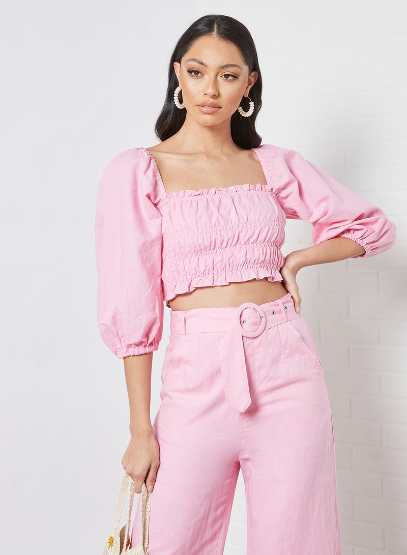 Shirred Detail Crop Top Pink