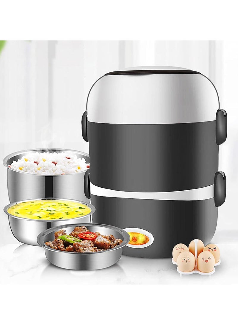 2 Layers Electric Warmer Lunch Box Food Heater Portable Heating Rice Cooker Warming Steamer Egg Steaming Boiler 2 Litter black and white