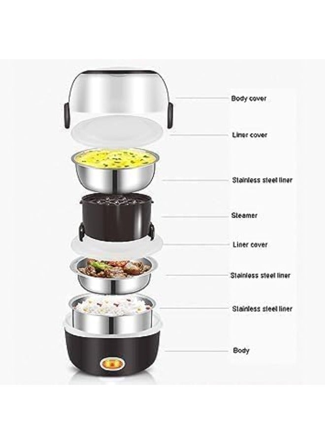 2 Layers Electric Warmer Lunch Box Food Heater Portable Heating Rice Cooker Warming Steamer Egg Steaming Boiler 2 Litter black and white