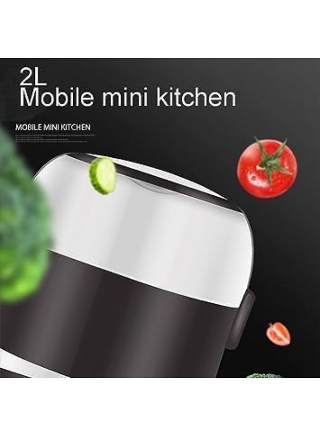 2 Layers Electric Warmer Lunch Box Food Heater Portable Heating Rice Cooker Warming Steamer Egg Steaming Boiler 2 Litter black and white