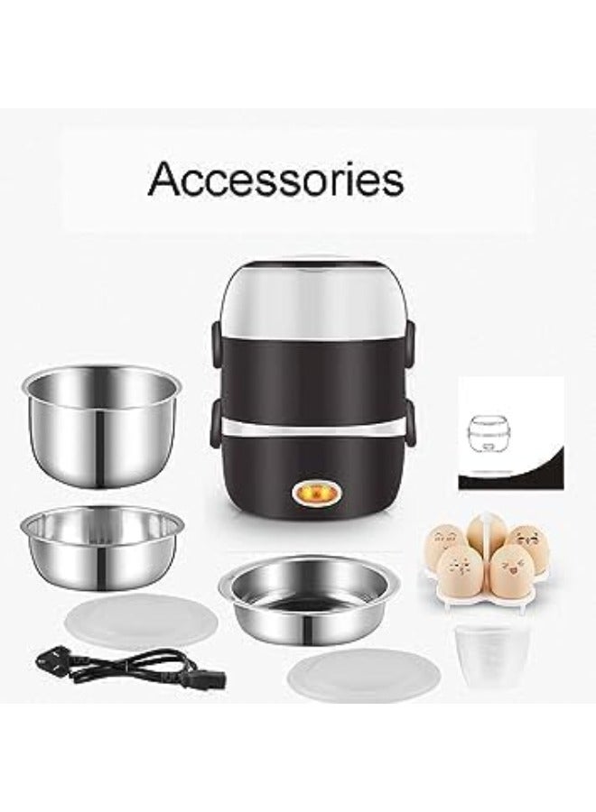 2 Layers Electric Warmer Lunch Box Food Heater Portable Heating Rice Cooker Warming Steamer Egg Steaming Boiler 2 Litter black and white