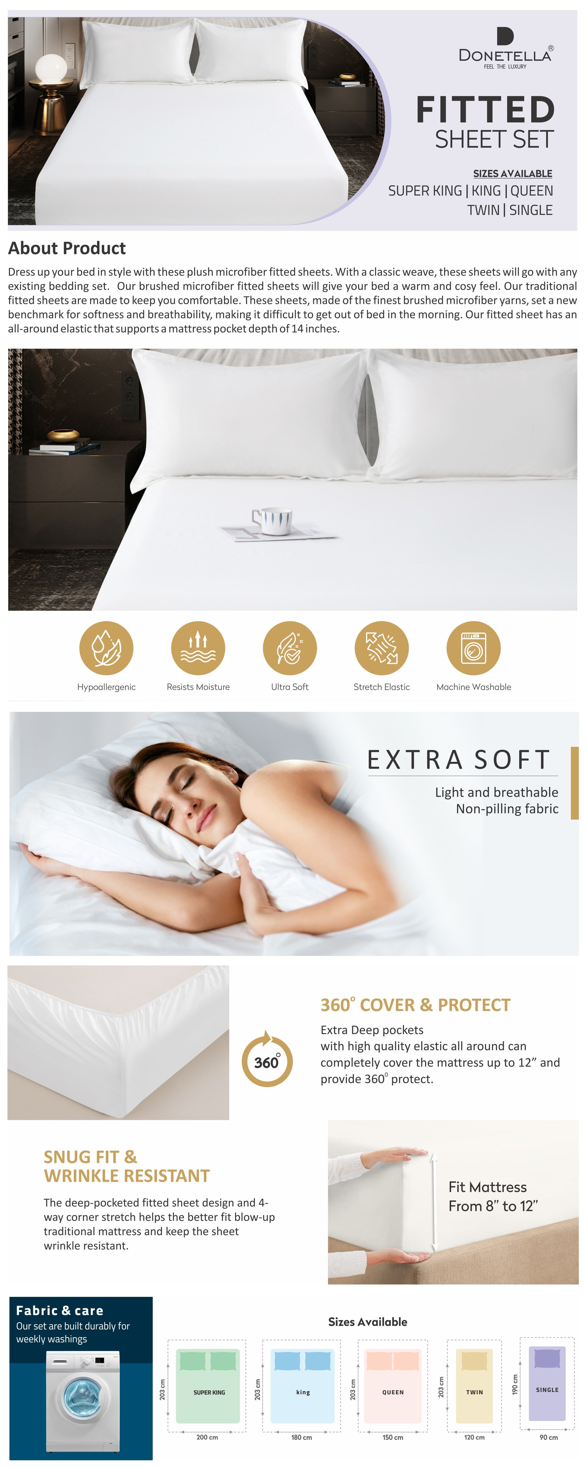 Bedding Fitted Sheet - Fits 90x190 Cm Bed For Single Bed 2 Pcs (1 Fitted Sheet and 1 Pillowcase) - 30 Cm Deep Pocket - Solid Bed Sheet