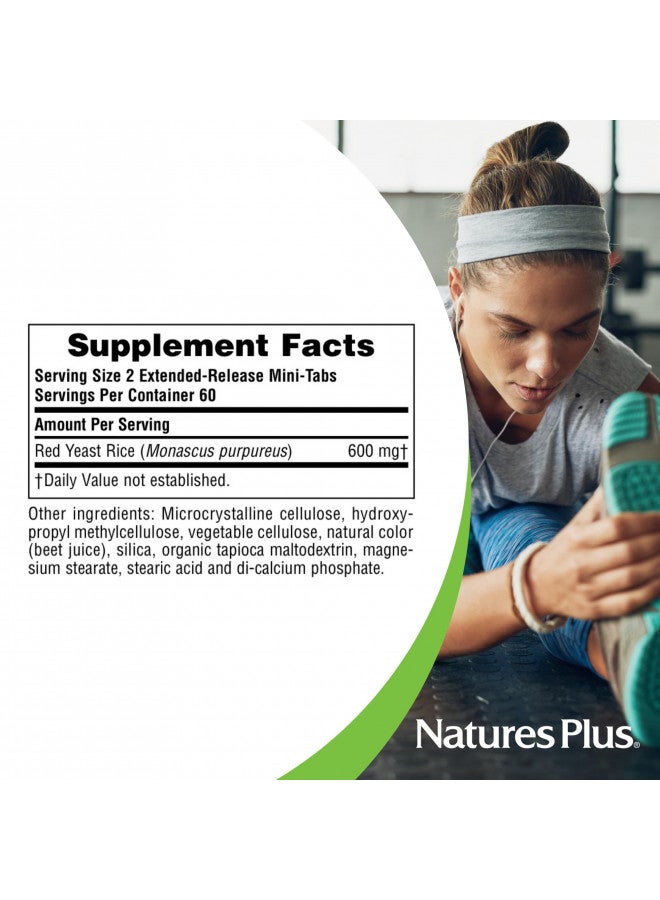 NaturesPlus Herbal Actives Red Yeast Rice, Extended Release - 600mg, 120 Mini Tablets - Herbal Supplement, Cholesterol Support - Vegan, Vegetarian, Gluten-Free - 60 Servings