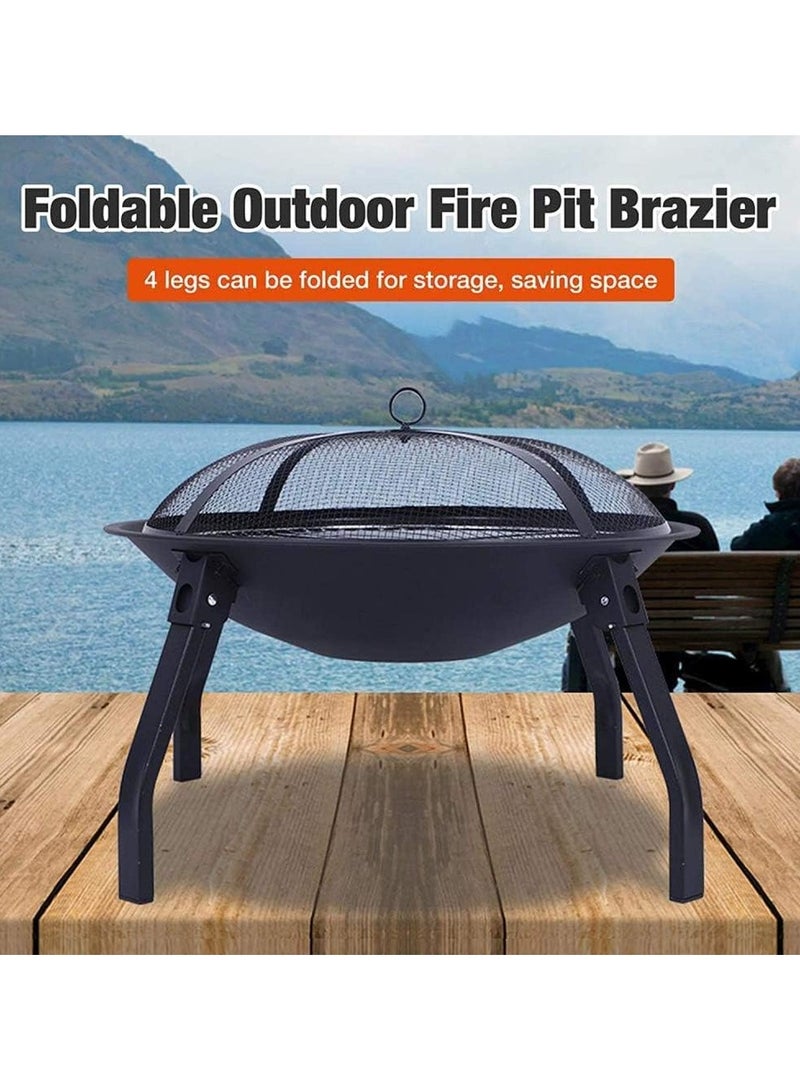 Folding Fire Pit with Cooking & Wood Grill, Dia:54cm Portable Fire Bowl for Camping Bonfire/BBQ/Heating