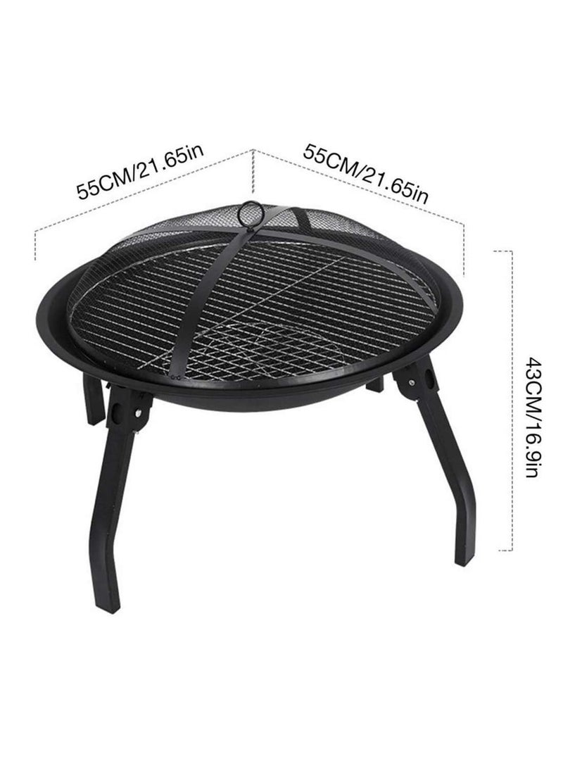 Folding Fire Pit with Cooking & Wood Grill, Dia:54cm Portable Fire Bowl for Camping Bonfire/BBQ/Heating