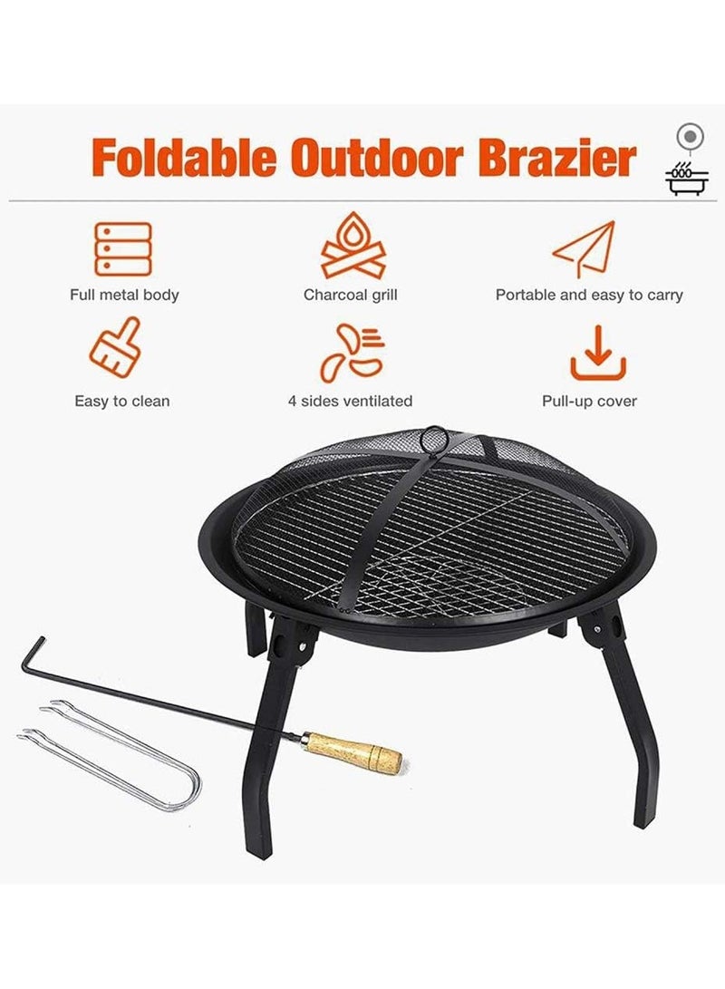 Folding Fire Pit with Cooking & Wood Grill, Dia:54cm Portable Fire Bowl for Camping Bonfire/BBQ/Heating