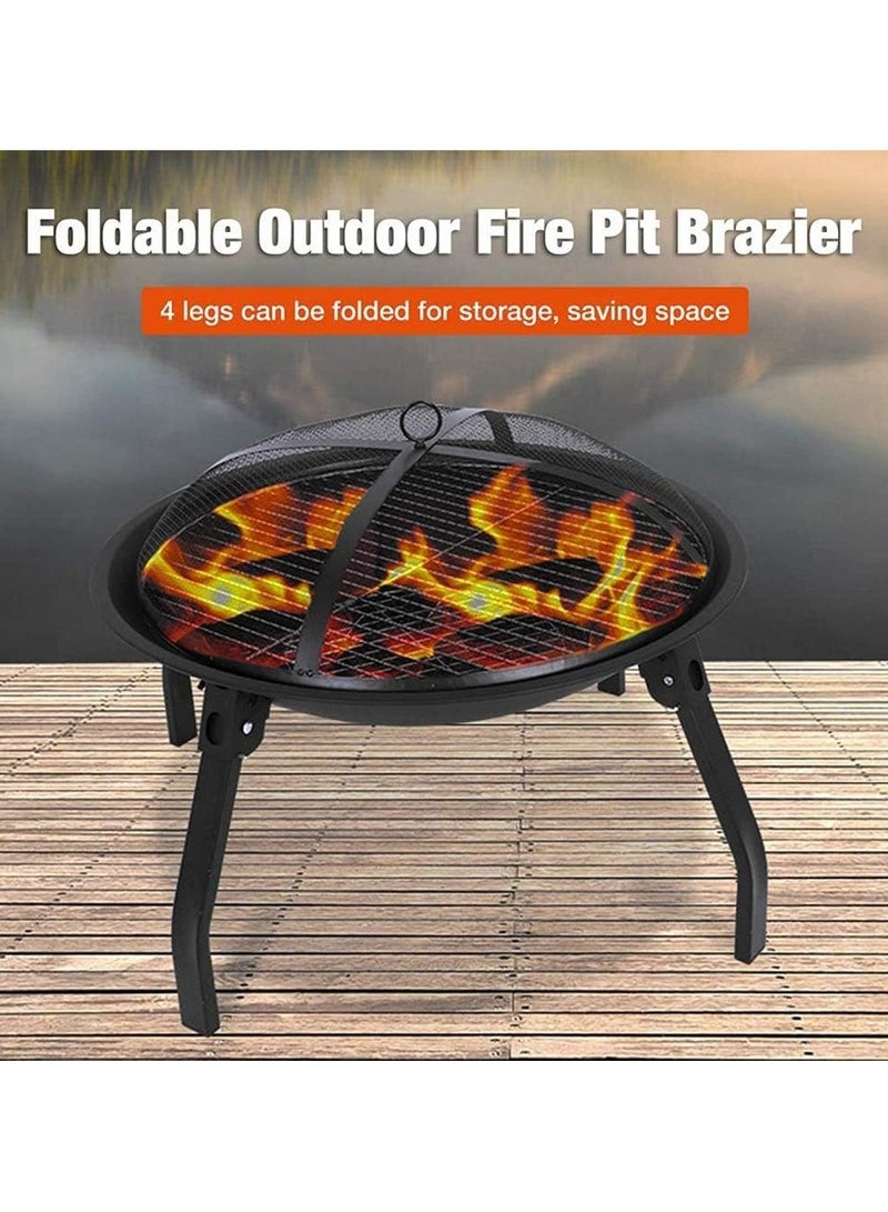 Folding Fire Pit with Cooking & Wood Grill, Dia:54cm Portable Fire Bowl for Camping Bonfire/BBQ/Heating