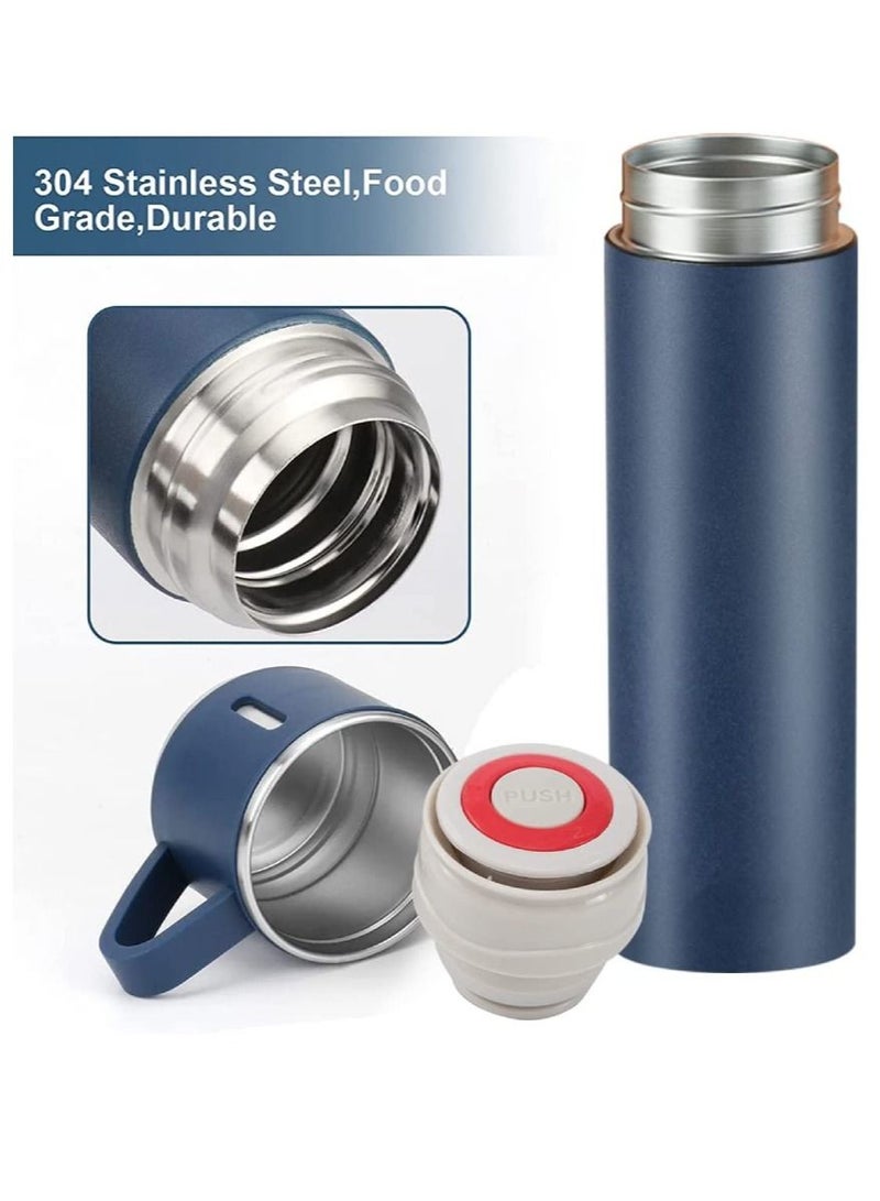 Coffee Thermos Stainless Steel Vacuum-Insulated Water Bottle 500ml Insulated Bottle with Cup for Hot And Cold Drink Travel Mug (Blue ONE Cup)