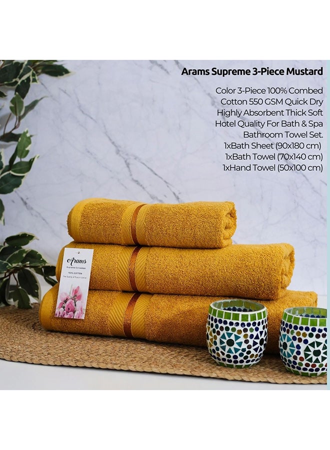 Arams Supreme 3-Piece 100% Combed Cotton 550 GSM Quick Dry Highly Absorbent Thick Soft Hotel Quality For Bath And Spa Bathroom Towel Set  1xBath Sheet (90x180 cm), 1xBath Towel (70x140 cm), 1xHand Towel (50x100 cm) Mustard Color