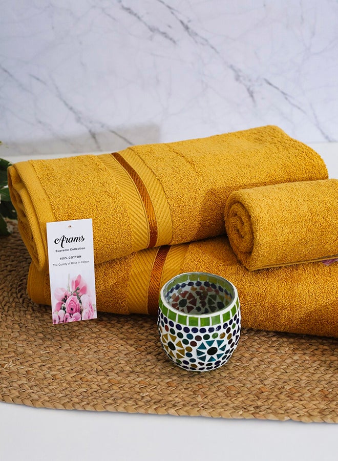 Arams Supreme 3-Piece 100% Combed Cotton 550 GSM Quick Dry Highly Absorbent Thick Soft Hotel Quality For Bath And Spa Bathroom Towel Set  1xBath Sheet (90x180 cm), 1xBath Towel (70x140 cm), 1xHand Towel (50x100 cm) Mustard Color