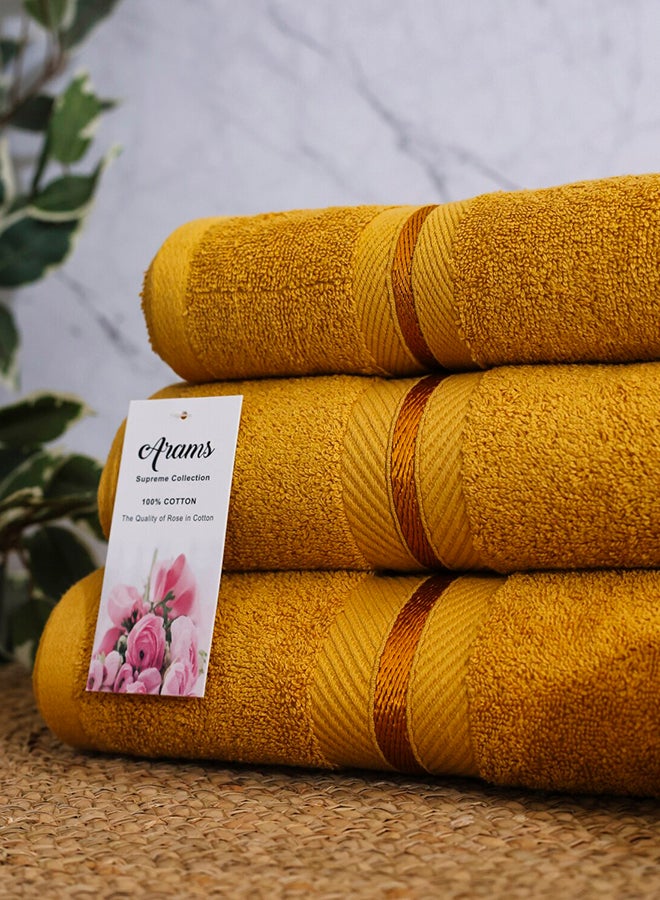 Arams Supreme 3-Piece 100% Combed Cotton 550 GSM Quick Dry Highly Absorbent Thick Soft Hotel Quality For Bath And Spa Bathroom Towel Set  1xBath Sheet (90x180 cm), 1xBath Towel (70x140 cm), 1xHand Towel (50x100 cm) Mustard Color